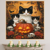 Haunted Forest Whispers: Tuxedo Cat Mom and Two Kittens with Pumpkin and Skeleton on Ready to Hang 1.5" Thick Canvas Wrap, Floating Framed Canvas, Flat Rolled Canvas